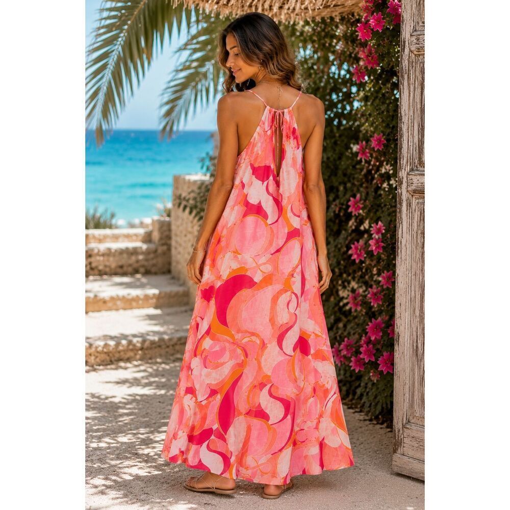 Rachel Zoe Linen Blend Maxi Dress Pink Orange Abstract Print Tassel Shell Size L - Picture 2 of 12
